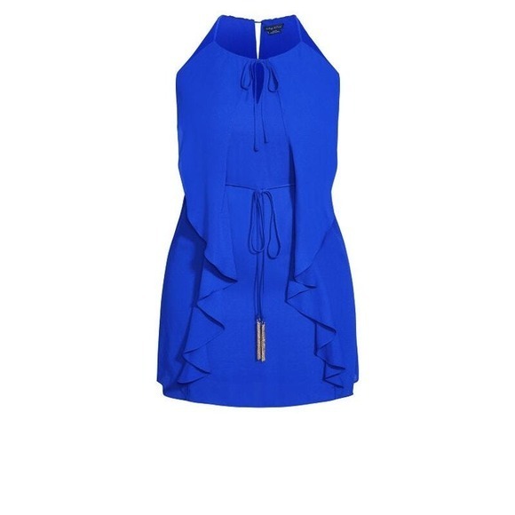 City Chic Cobalt Blue Waterfall Tunic Size 18W Halter Neck Ruffle Accent - Picture 2 of 10
